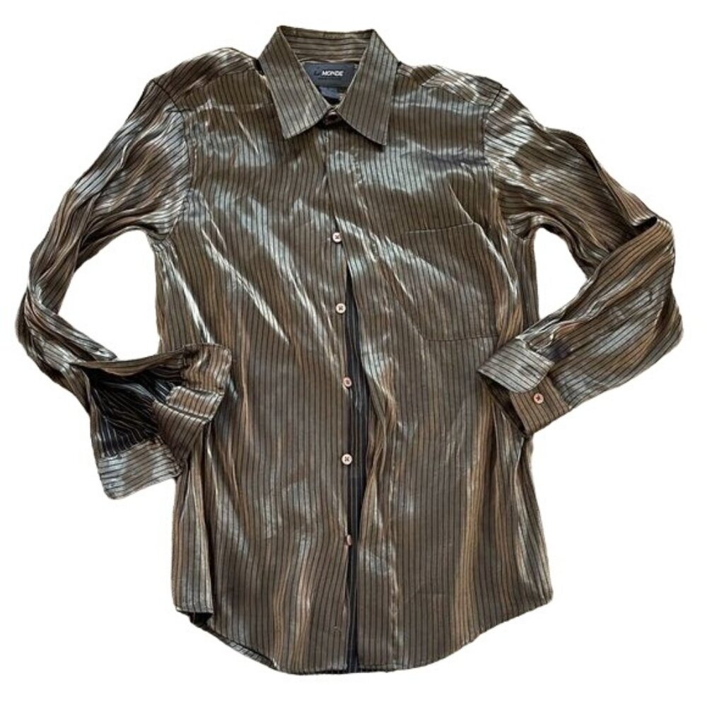 Vintage Blouse Iridescent Gold Striped Long Top Hidden Button Le Monde Sz Small